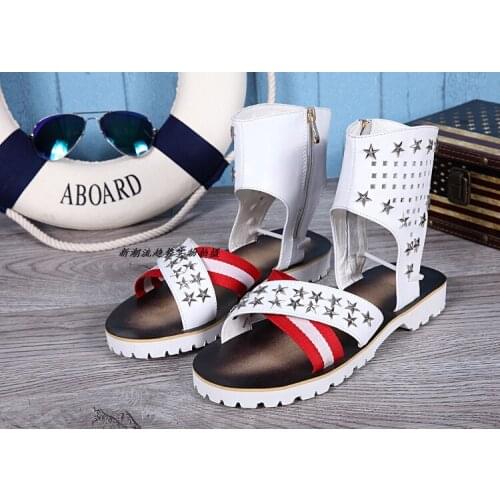 Mens casual sandals fashion high shaft leather open toe casual Roman boots white leather hair stylist shoes