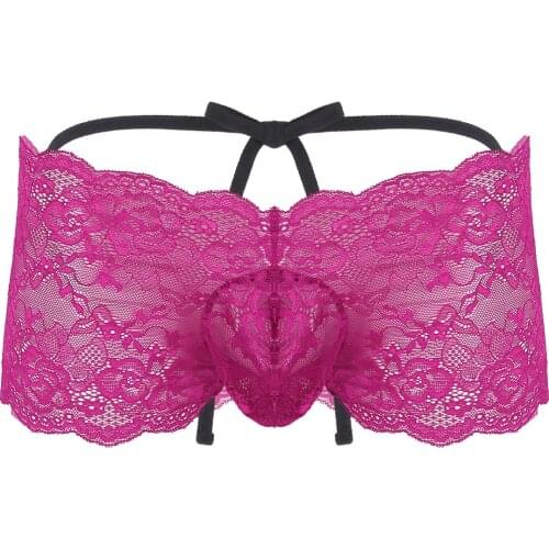 IEFiEL Male Mens Lingerie Clubwear Panties See Through Floral Lace Strappy Bulge Pouch Low Rise Sissy Bikini Briefs Underwear