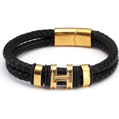 Brand Design Diy Double layer Men Male Genuine Leather Bracelets Bangles Trendy Stainless Steel Chain Link Charm Bracelets