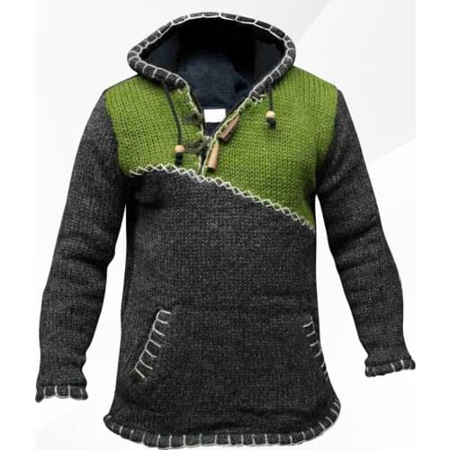 Men Long Sleeve Stitching Hoodie Sweater Autumn Winter Color Block Hooded Jumper