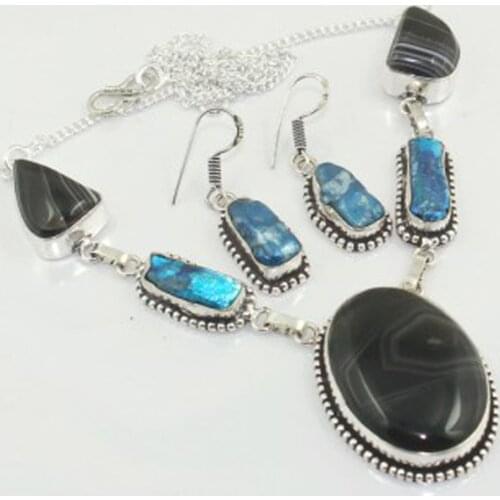 Botswana Agates & Biwa Pearls Necklace Earing Silver Overlay over Copper, 49 cm, N3356