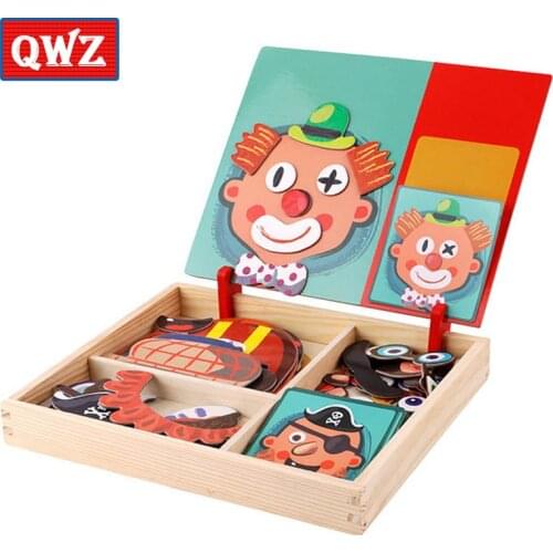 QWZ Multifunctional Wooden Magnetic Puzzle Toys Figure/Animals/ Vehicle /House Drawing Board Wood Educational Toys for Children