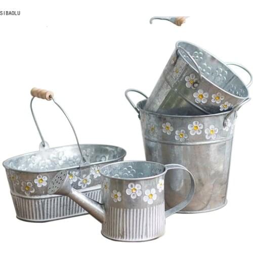 Embossed Wrought Iron Flower Pot Creative Old Retro Living Room Tin American Vase Desktop Storage Bucket Garden Decoration