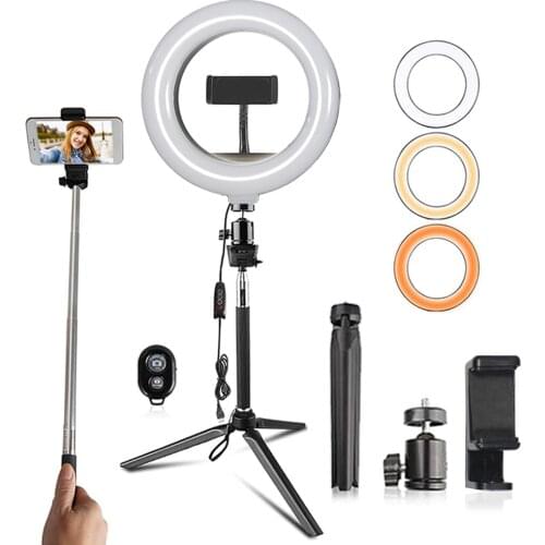 Selfie Stick LED Ring Light 10 Inch Mobile Holder Support Tripod Stand Ringlight with Tripod Phone Holder Bluetooth Remote