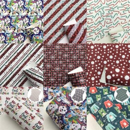 Shimmer Chunky Glitter Faux Leather Sheets Christmas Pattern Printed Synthetic Leather Fabric 20x33cm for DIY Earrings Hair Bows
