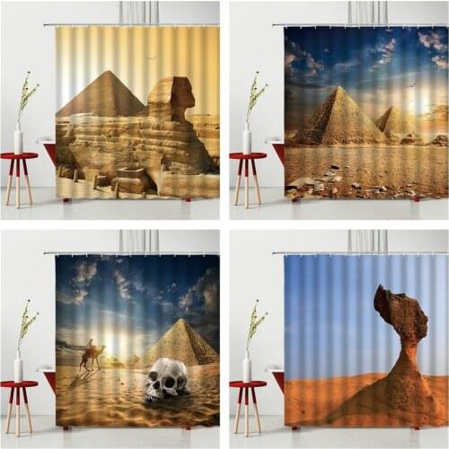 Egyptian Landscape Shower Curtains Tourist Attraction Pyramid Sphinx Waterproof Polyester Fabric Multiple Size With Hooks