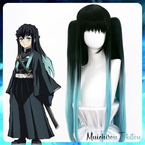 Synthetic Long Wig Muichirou Cosplay Kimetsu no Yaiba Demon Slayer Blue black Ombre Hair with Bangs Wigs for women Ponytails