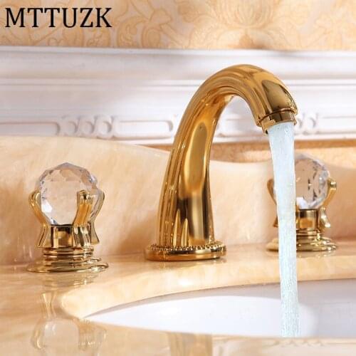MTTUZK 3 piece Set Wash Basin Mixer luxury high quality brass gold plating crystal handle basin faucet 3 hole sink faucet