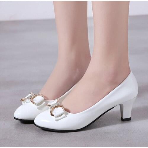 Large Size 35-42 Women Wedding Shoes Black Basic Pumps Ladies Shoes Bow Boat Shoes Mid Heeled Dress Shoes zapatos mujer 8394L