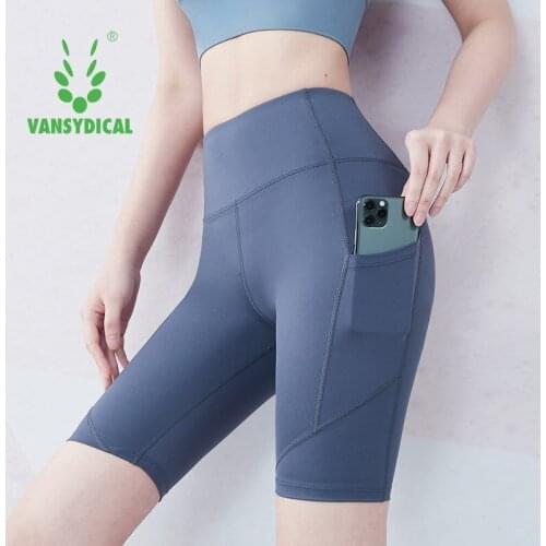Vansydical Women Gym Shorts High Waist Lifting Tight Sports Shorts Leggings Phone Pocket Jogging Running Fitness Yoga Pants