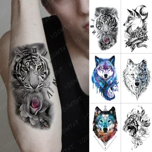Waterproof Temporary Tattoo Sticker Forest Clock Flash Tattoos Fox Wolf Tiger Lion Body Art Arm Water Transfer Fake Tatoo Men