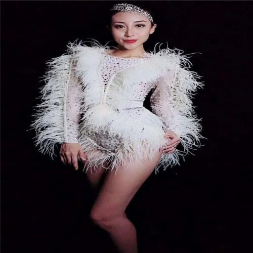 X38 White feather female bodysuit stage show wears full diamonds jumpsuit perform Onesies Rhinestone leotard party dress clothes