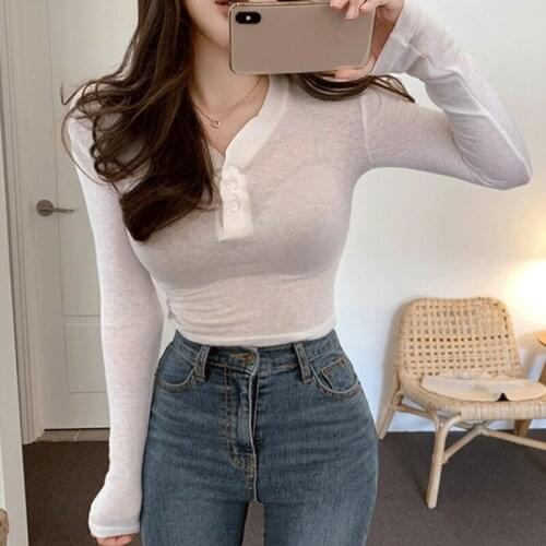 Autumn New Korean Fashion Womens T-shirt Sexy Slim V-neck Long Sleeve Tshirt White Cotton Basic T Shirt Woman Tees Female Tops