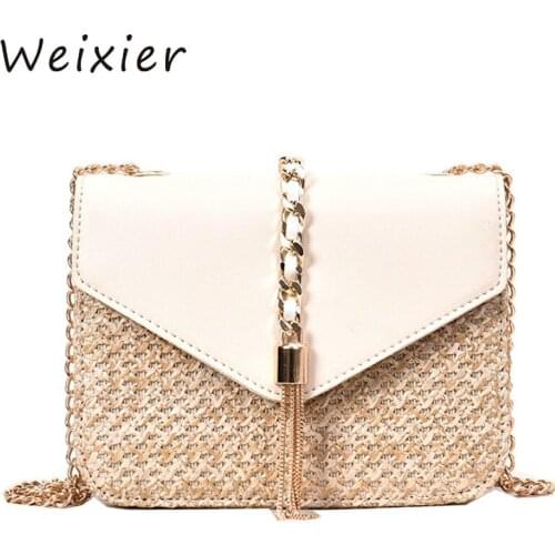 WEIXIER Fringed Chain Small Flap Bag For Women Straw Crossbody Bag Ladies Summer Messenger Shoulder bag and Purses V1-40