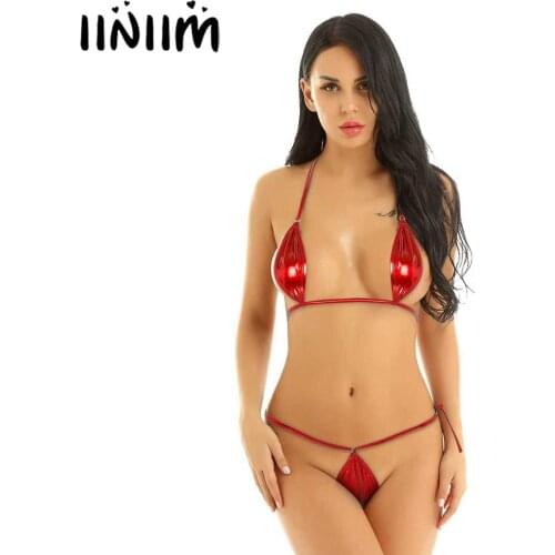 Womens Female New Erotic Lingerie Set Sexy Underwear Shiny latex Mini Micro Bikini Thong Brief Spaghetti Straps Wetlook Clubwear