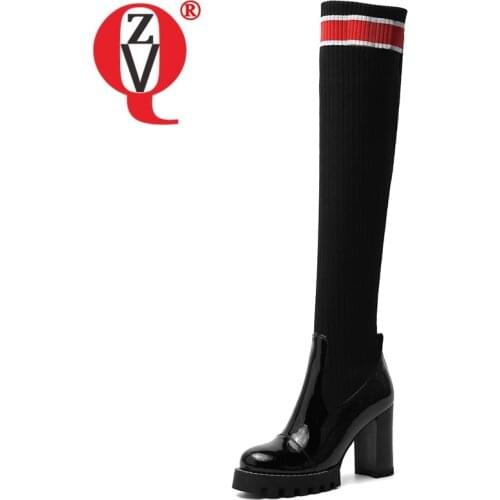 ZVQ Women winter New Style Leisure High boots Patent Leather and elastic fabric Good Qualtiy Pumps Heels Concise Comfortable