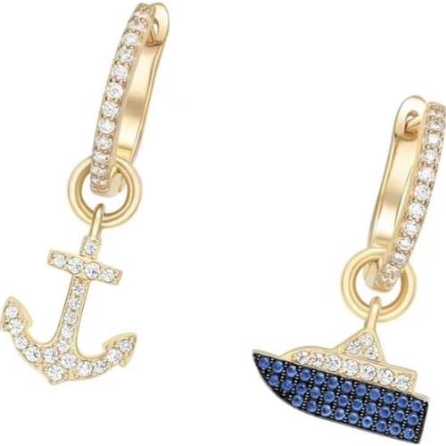 SLJELY Asymmetrical 925 Sterling Silver Blue Cubic Zirconia Stones Cruise ship and anchor Earrings Women Luxury Brand Jewelry
