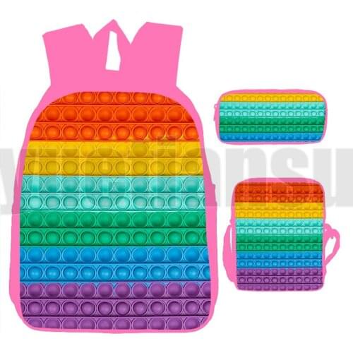 3D Print Rainbow Color Bubble Type Pink 3 Pcs/Set POP It Backpack Anime Laptop Book Bag Schoolbags Family Game for Teenagers