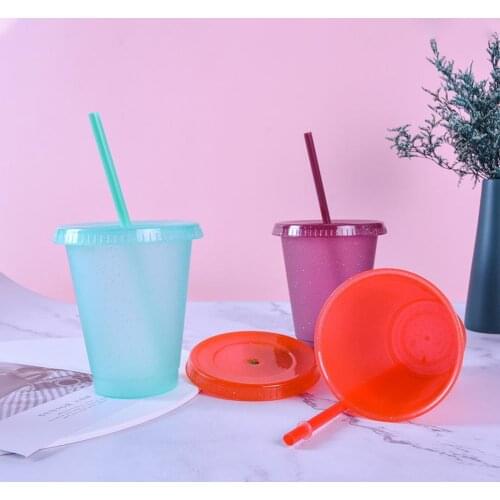 400/500ml Straw Drinking Cup Large-capacity Wide Mouth Lid Plastic Flash Powder Shiny Water Bottle for School Milk Drink Cup