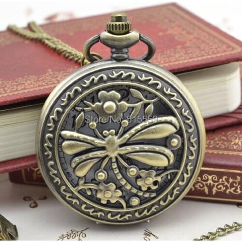 50pcs/lot DHL Free Shipping Bronze Hollow Dragonfly Pocket Watch High Quality Watch Necklace Gift Watch Factory Price Wholesale