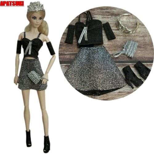 Kids Toys Black Silver Fashion Outfits For Barbie Doll Clothes Set For Barbie Top Skirt Purse Crown Boots 1/6 Dolls Accessories