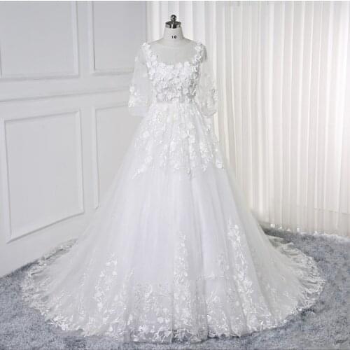Elegant white Lace Princess Wedding Dresses 2019 African Black Girls Flowers Sheer Neck Puffy Ball Gowns Bridal Gowns