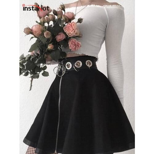 InstaHot Gothic Punk Zip Up Black Skirts Women Autumn Ring High Waist Pleated Mini Skirt Female Bottom Sexy Christmas Skirts