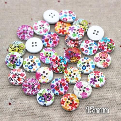 50pcs 15mm Fancy Flower Printed Round Wooden Button Sewing Accessories Decorative Buttons Handmade Scrapbooking Craft DIY