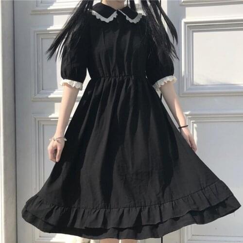 Summer Black Kawaii Lolita Style Dress Mori Girl Fairy Cute Lolita Peter Pan Collar Puff Sleeve Dress 2021 Fashion Women