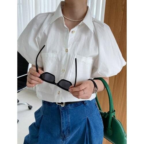 Summer Fashionable French Vintage Short-Sleeved Shirts Lady Puff Sleeve Temperament Shirt Solid Womens Clothing Streetwear