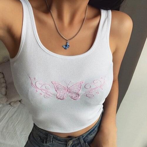 Embroidery Butterfly Women Tank Tops Tees Summer Sleevless Casual Crop Top Ladies White Fashion Mini Vest Streetwear