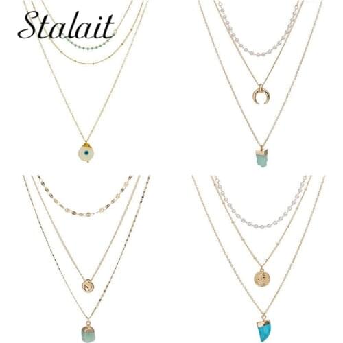 Trendy Blue Eye Moon Natural Stone Gold Necklace Pendant Chic Round Queen Coin Pearl Beads Women Engagement Jewelry