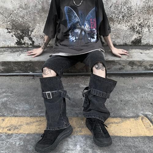 2021 New Style Detachable Zipper Ribbon Distressed Washed Wide leg Jeans High Street Asian Style Hip Hop Trousers Loose Trend