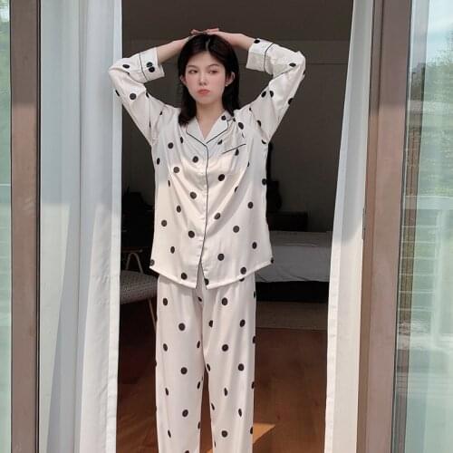 Womens Faux Silk 2PCS Polka Dot Pajamas Suit Spring Autumn Full Sleeve Pant Sleepwear Summer Casual Nightwear Loose Home Wear