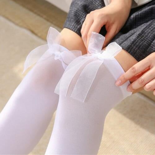 Black White Silk Stockings Summer Transparent Long Socks Bow Tie Stockings Women Thin Knee High Stockings Female Girls