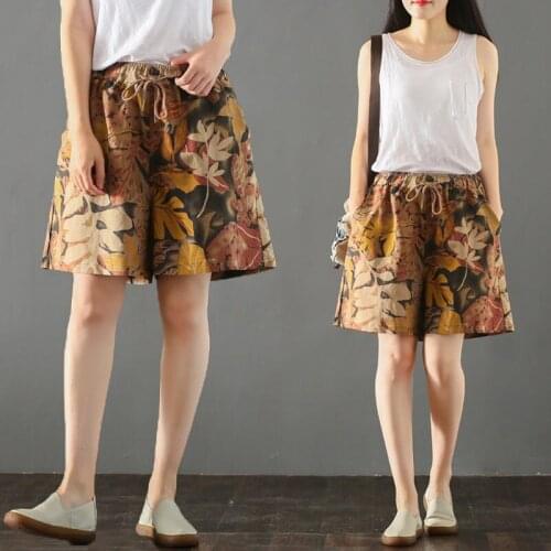2020 Summer Literary Retro Leaf Printing Cotton and Linen Shorts Loose Elastic Waist Large Size Wide Leg A-line Pants Women K219