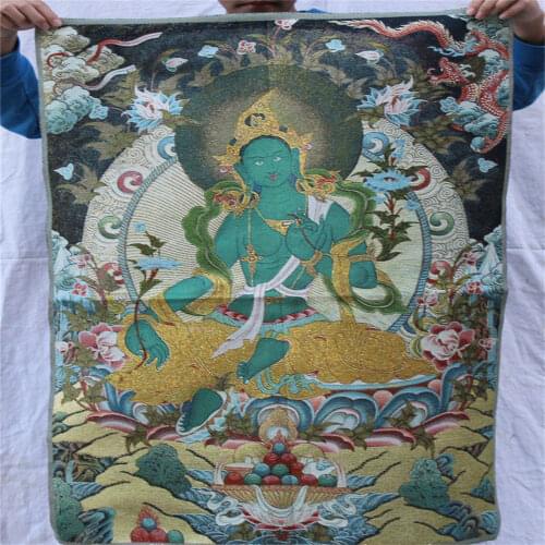 36 pulgadas China Folk seda bordado Verde Tara Mahayana budismo Thangka pintura Mural