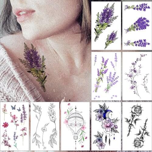 Waterproof Temporary Tattoo Sticker Wrist Arm Purple Lavender Flowers Watercolor Flash Tatoo Fake Tatto For Body Art Women Men