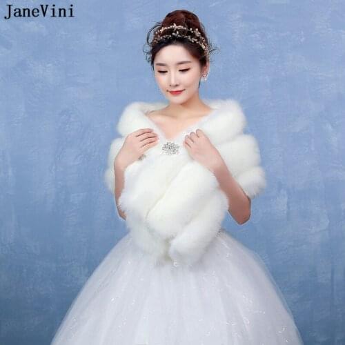 JaneVini 2019 Elegant White Shawl Women Bolero Bridal Faux Fur Wraps for Wedding Evening Capes Winter Cloak Wedding Accessories