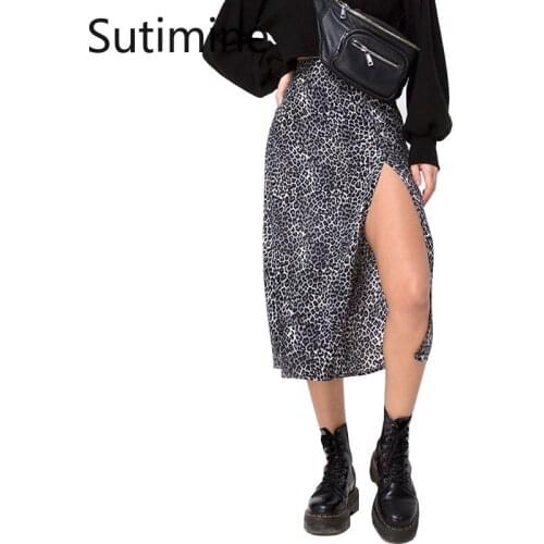 Sutimine 2021 Womens Polka Dot Printed High Waist Stretch Wrap Butt Sexy Split Long A-line Animal Leopard Print Skirts
