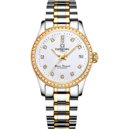 Carnival Women Automatic Watch Rhinestone Date Luxury Mechanical Watch Women Dress Watch Steel Band Luxury