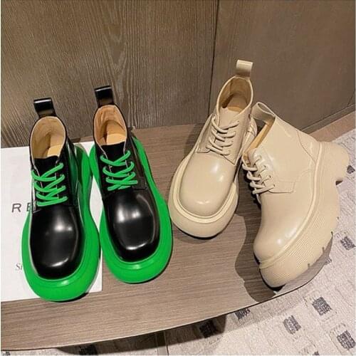YISHEN Women Chunky Heel Ankle Boots Woman Leather Shoes Autumn Green Bottom Platform Female Martin Boots Lasdies Combat Boots
