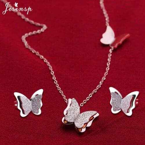 Jisensp Delicate Lovely Butterfly Necklace Earrings Stainless Steel Jewelry Sets for Women Layered Necklaces Pendants bijoux