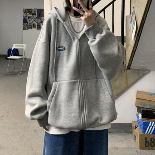 Winter womens jacket sweatshirt new thick zipper big pocket sweatshirt solid color coating Korean loose wild hoodie