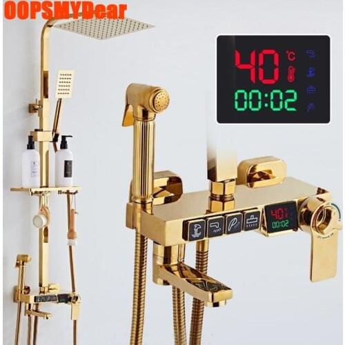 Gold Bath Shower Faucet Bathroom Smart Thermostatic Digital Shower Set Wall Mount Stainless Steel Sprayer Bathtub Rain System