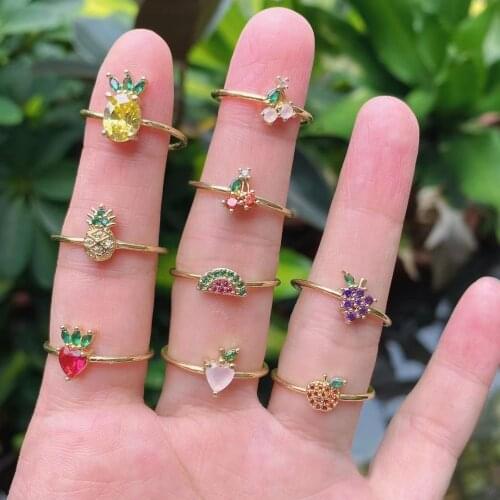 10Pcs 2021 Fashion Cute Grape Cherry Crystal Ring For Women Girls Zircon Fruit / Ocean Biology Shaped Finger Jewelry Party Gifts