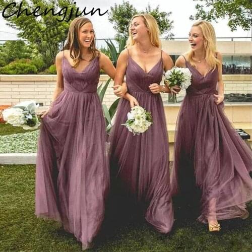 Chengjun Cheap A Line Spaghetti Strap Purple Long Bridesmaids Dresses For Women