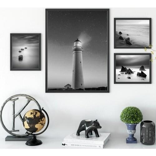 Black and White Wall Art Canvas Painting Lighthouse Sea Landscape Poster Nordic Modular Pictures for Living Room Home Decor