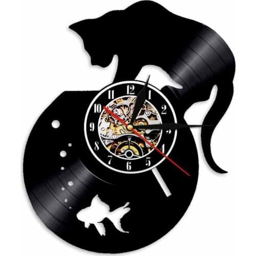 Cat Fishbowl Art Decorative Wall Clock Montre Murale Vintage Vinyl Clock Kitty Animal Pet Wall Decor For Childrens Room
