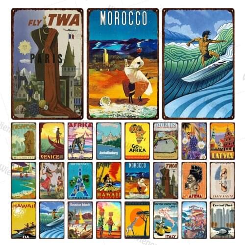 Travel Metal Tin Sign Custom Retro City Poster Hawaii Venice Ireland Africa Iron Painting Bar Shop Decorative Wall Art 20*30 cm